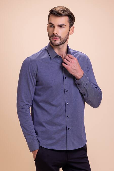 Amit Arora_Blue Cotton Embroidery Placed Butterfly Threadwork Shirt_Online_at_Aza_Fashions