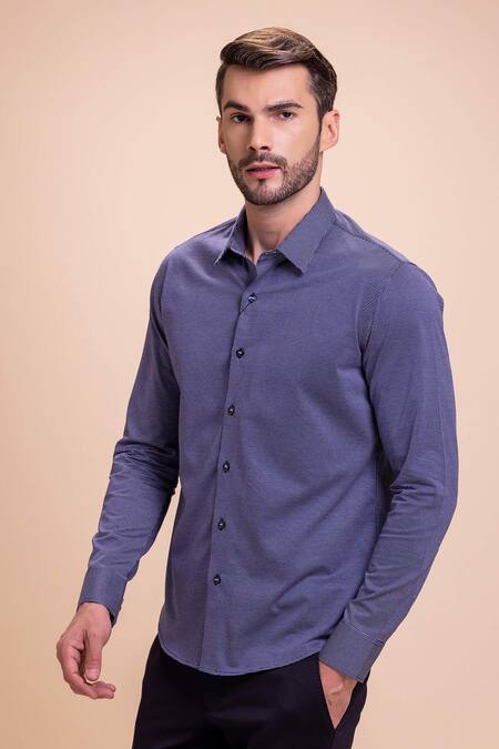 Buy_Amit Arora_Blue Cotton Embroidery Placed Butterfly Threadwork Shirt_Online_at_Aza_Fashions