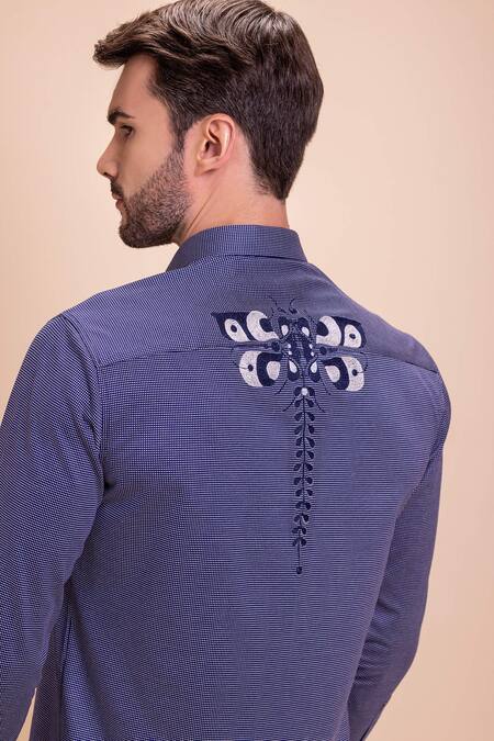 Shop_Amit Arora_Blue Cotton Embroidery Placed Butterfly Threadwork Shirt_Online_at_Aza_Fashions