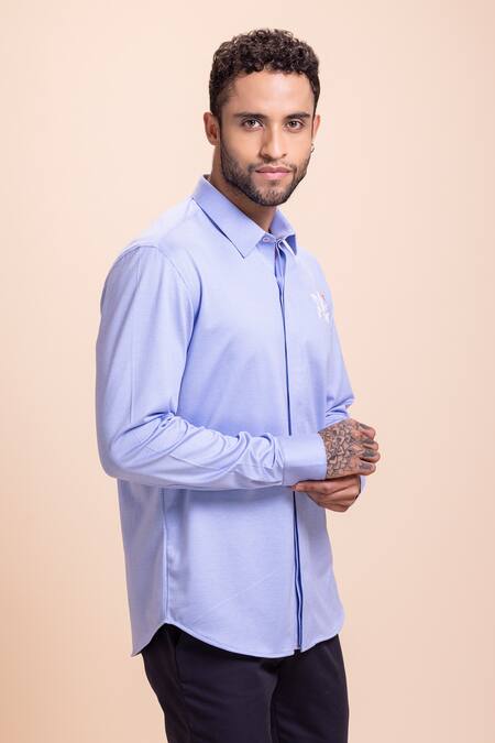 Amit Arora Sky Blue Cotton Embroidery Rooster Threadwork Shirt Online at Aza Fashions Amit Arora_Sky Blue Cotton Embroidery Rooster Threadwork Shirt_Online_at_Aza_Fashions