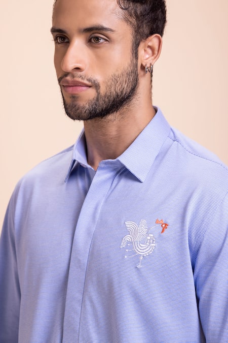 Shop Amit Arora Sky Blue Cotton Embroidery Rooster Threadwork Shirt Online at Aza Fashions Shop_Amit Arora_Sky Blue Cotton Embroidery Rooster Threadwork Shirt_Online_at_Aza_Fashions