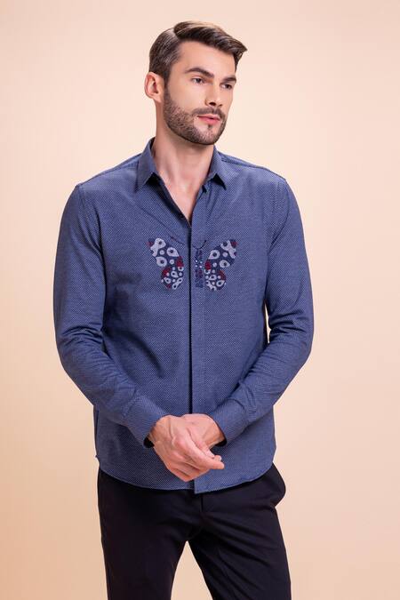 Amit Arora_Blue Cotton Embroidery Butterfly Threadwork Textured Shirt_Online_at_Aza_Fashions