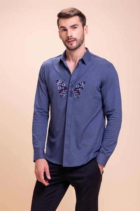 Buy_Amit Arora_Blue Cotton Embroidery Butterfly Threadwork Textured Shirt_Online_at_Aza_Fashions