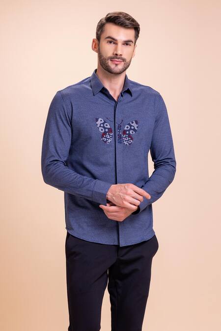 Shop_Amit Arora_Blue Cotton Embroidery Butterfly Threadwork Textured Shirt_Online_at_Aza_Fashions