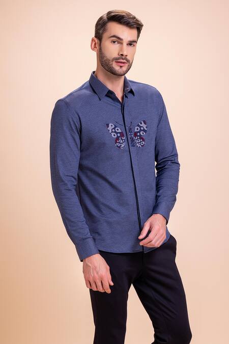 Amit Arora_Blue Cotton Embroidery Butterfly Threadwork Textured Shirt_at_Aza_Fashions