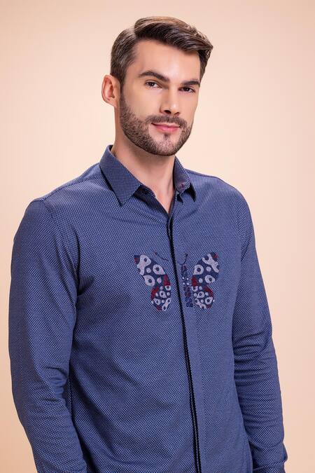 Buy_Amit Arora_Blue Cotton Embroidery Butterfly Threadwork Textured Shirt
