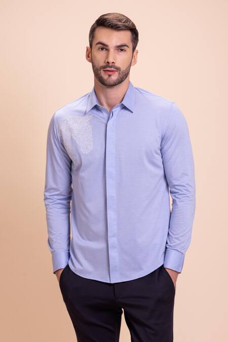 Amit Arora_Sky Blue Cotton Embroidery Horse Threadwork Shirt_Online_at_Aza_Fashions