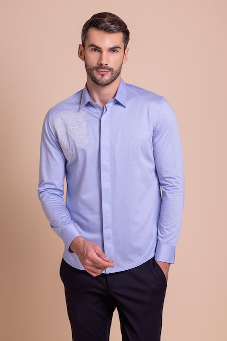 Buy_Amit Arora_Sky Blue Cotton Embroidery Horse Threadwork Shirt_Online_at_Aza_Fashions
