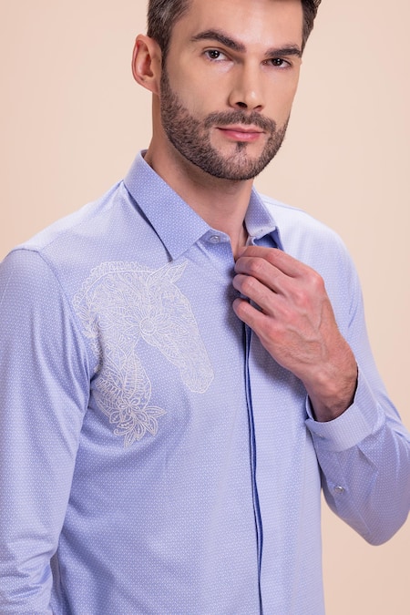 Shop_Amit Arora_Sky Blue Cotton Embroidery Horse Threadwork Shirt_Online_at_Aza_Fashions