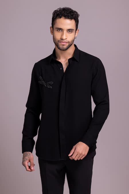 AMIT ARORA Black Polyamide Embellished Dragonfly Placement Shirt 