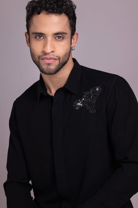 Amit Arora Black Polyamide Beads Dragonfly Embellished Placement Shirt Online at Aza Fashions Amit Arora_Black Polyamide Beads Dragonfly Embellished Placement Shirt _Online_at_Aza_Fashions