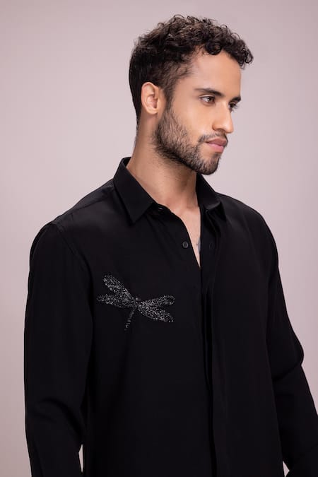 Buy Amit Arora Black Polyamide Beads Dragonfly Embellished Placement Shirt Online at Aza Fashions Buy_Amit Arora_Black Polyamide Beads Dragonfly Embellished Placement Shirt _Online_at_Aza_Fashions