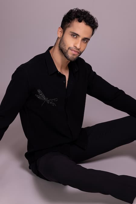 Shop Amit Arora Black Polyamide Beads Dragonfly Embellished Placement Shirt Online at Aza Fashions Shop_Amit Arora_Black Polyamide Beads Dragonfly Embellished Placement Shirt _Online_at_Aza_Fashions