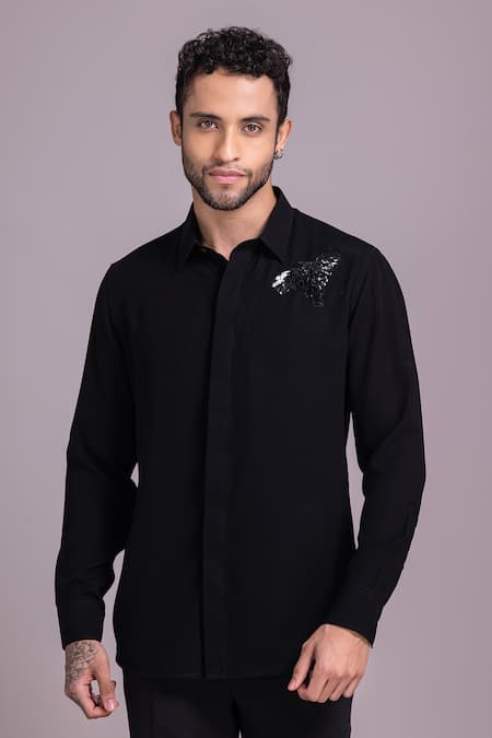 Amit Arora_Black Polyamide Sequins Bird Embellished Placement Shirt _Online_at_Aza_Fashions