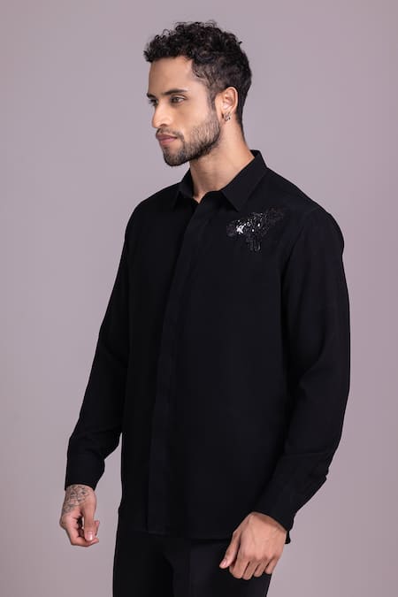 Buy_Amit Arora_Black Polyamide Sequins Bird Embellished Placement Shirt _Online_at_Aza_Fashions
