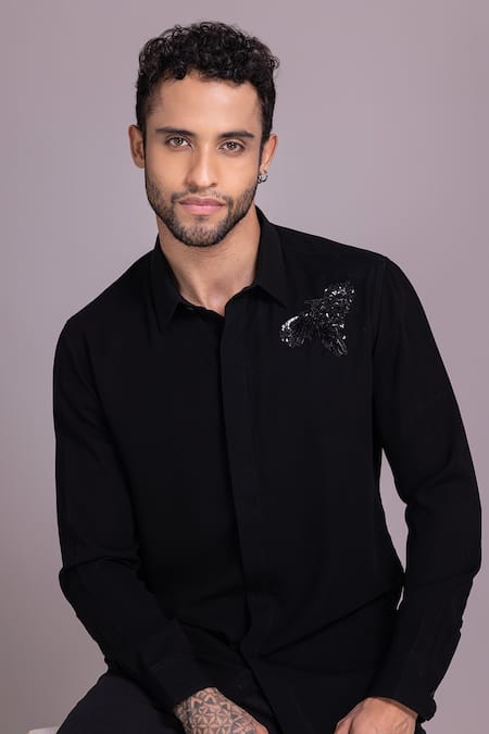 Shop_Amit Arora_Black Polyamide Sequins Bird Embellished Placement Shirt _Online_at_Aza_Fashions