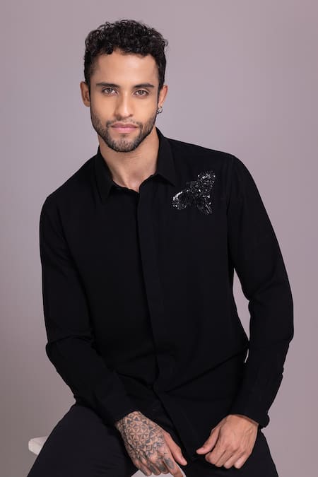 Amit Arora_Black Polyamide Sequins Bird Embellished Placement Shirt _at_Aza_Fashions