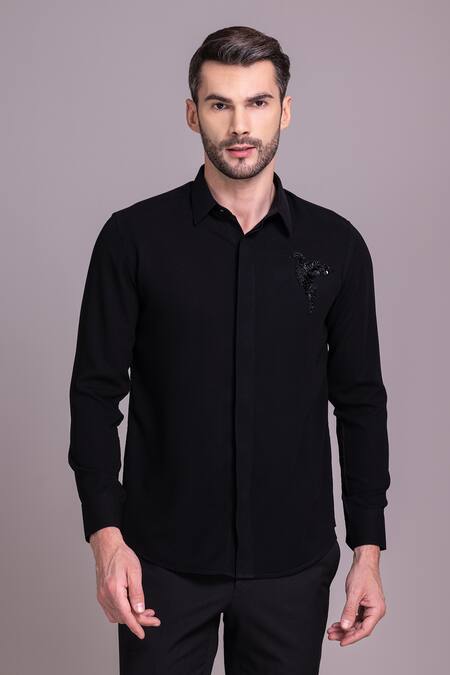 Amit Arora_Black Polyamide Sequins, Beads Placed Bird Embellished Shirt _Online_at_Aza_Fashions