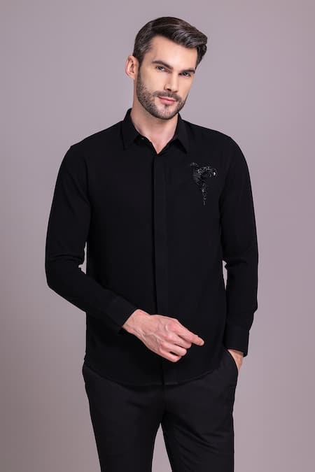 Shop_Amit Arora_Black Polyamide Sequins, Beads Placed Bird Embellished Shirt _Online_at_Aza_Fashions