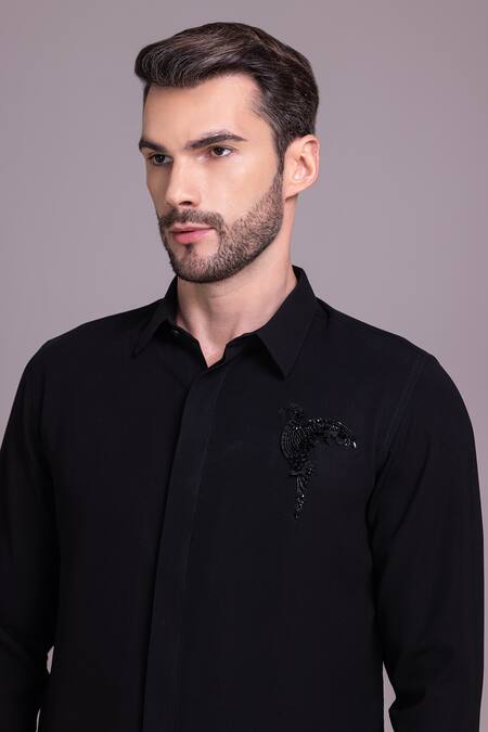 Amit Arora_Black Polyamide Sequins, Beads Placed Bird Embellished Shirt _at_Aza_Fashions