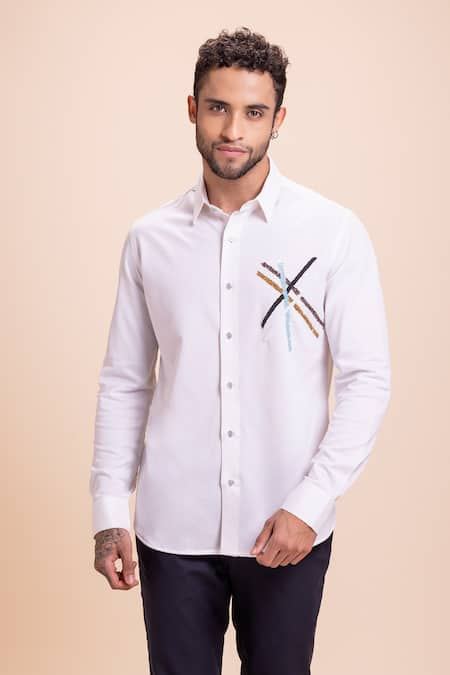 AMIT ARORA White Cotton Knit Embellished Criss-cross Shirt 