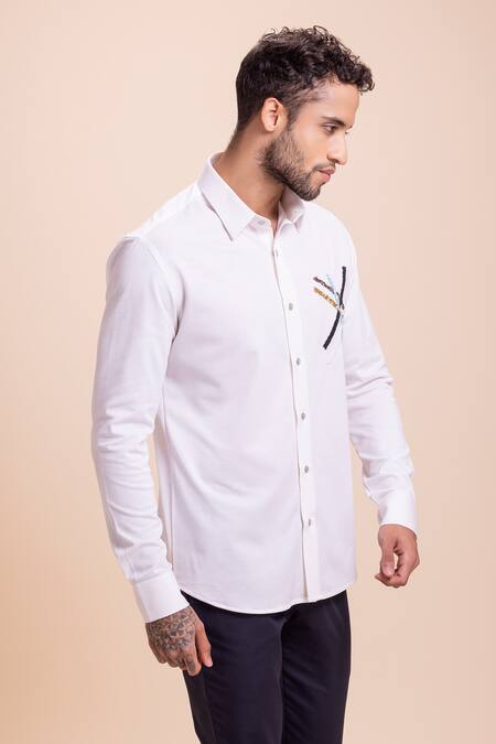 Amit Arora White Cotton Sequins, Beads Criss-cross Embellished Shirt Online at Aza Fashions Amit Arora_White Cotton Sequins, Beads Criss-cross Embellished Shirt _Online_at_Aza_Fashions