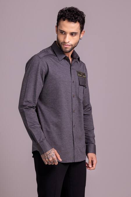 Amit Arora_Grey Cotton Patchwork Woven Stripe Shirt_Online_at_Aza_Fashions
