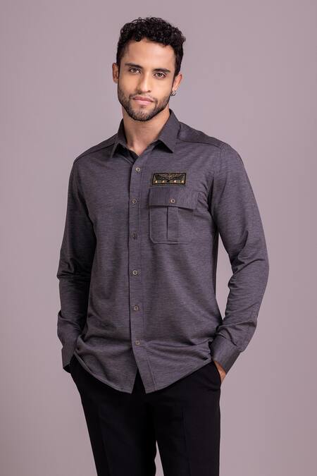 Buy_Amit Arora_Grey Cotton Patchwork Woven Stripe Shirt_Online_at_Aza_Fashions