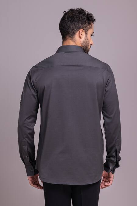 Shop Amit Arora Grey Cotton Placed Patch Pattern Shirt at Aza Fashions Shop_Amit Arora_Grey Cotton Placed Patch Pattern Shirt_at_Aza_Fashions