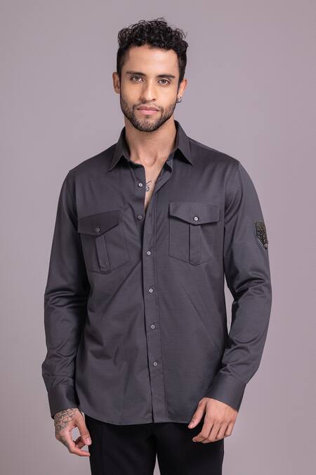 Amit Arora Grey Cotton Placed Patch Pattern Shirt Online at Aza Fashions Amit Arora_Grey Cotton Placed Patch Pattern Shirt_Online_at_Aza_Fashions