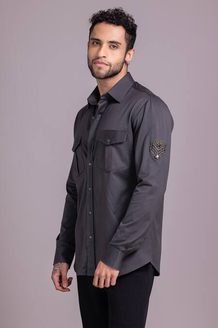 Shop Amit Arora Grey Cotton Placed Patch Pattern Shirt Online at Aza Fashions Shop_Amit Arora_Grey Cotton Placed Patch Pattern Shirt_Online_at_Aza_Fashions