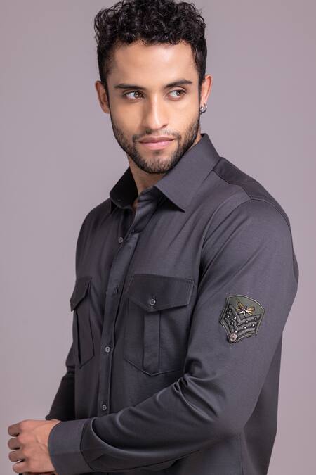 Amit Arora Grey Cotton Placed Patch Pattern Shirt at Aza Fashions Amit Arora_Grey Cotton Placed Patch Pattern Shirt_at_Aza_Fashions
