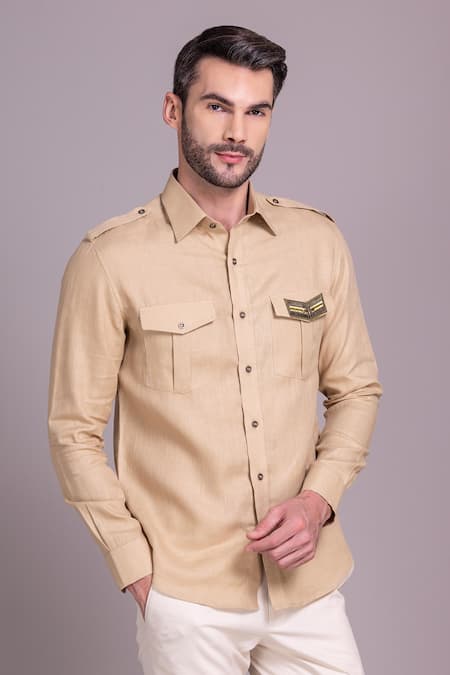 AMIT ARORA Linen Patch Pattern Shirt 