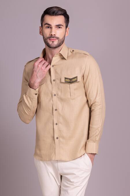 Amit Arora Beige Linen Patch Pattern Shirt Online at Aza Fashions Amit Arora_Beige Linen Patch Pattern Shirt_Online_at_Aza_Fashions