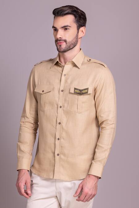 Buy Amit Arora Beige Linen Patch Pattern Shirt Online at Aza Fashions Buy_Amit Arora_Beige Linen Patch Pattern Shirt_Online_at_Aza_Fashions