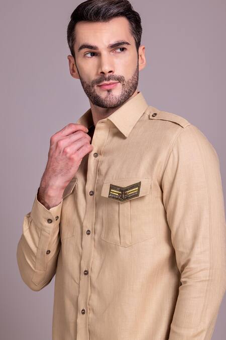 Shop Amit Arora Beige Linen Patch Pattern Shirt Online at Aza Fashions Shop_Amit Arora_Beige Linen Patch Pattern Shirt_Online_at_Aza_Fashions
