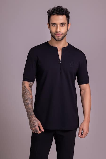 AMIT ARORA Black Cotton Knit Threadwork Half Sleeves T-shirt 