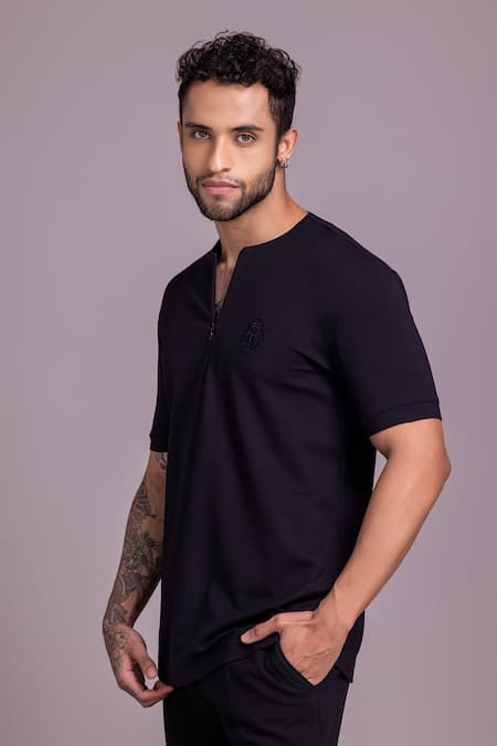 Amit Arora Black Cotton Embroidery Threadwork Half Sleeves T-shirt Online at Aza Fashions Amit Arora_Black Cotton Embroidery Threadwork Half Sleeves T-shirt _Online_at_Aza_Fashions