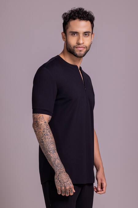 Buy Amit Arora Black Cotton Embroidery Threadwork Half Sleeves T-shirt Online at Aza Fashions Buy_Amit Arora_Black Cotton Embroidery Threadwork Half Sleeves T-shirt _Online_at_Aza_Fashions