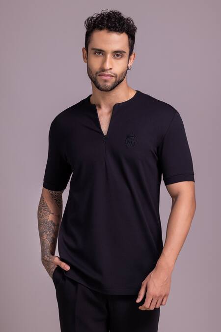 Shop Amit Arora Black Cotton Embroidery Threadwork Half Sleeves T-shirt Online at Aza Fashions Shop_Amit Arora_Black Cotton Embroidery Threadwork Half Sleeves T-shirt _Online_at_Aza_Fashions