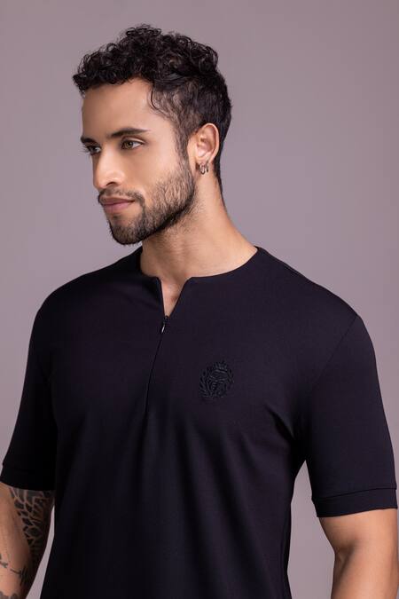 Amit Arora Black Cotton Embroidery Threadwork Half Sleeves T-shirt at Aza Fashions Amit Arora_Black Cotton Embroidery Threadwork Half Sleeves T-shirt _at_Aza_Fashions