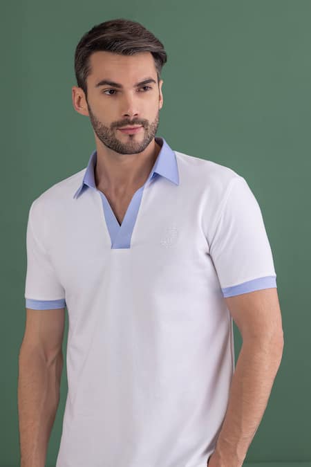 Shop Amit Arora White Cotton Embroidery Contrast Border T-shirt Online at Aza Fashions Shop_Amit Arora_White Cotton Embroidery Contrast Border T-shirt _Online_at_Aza_Fashions
