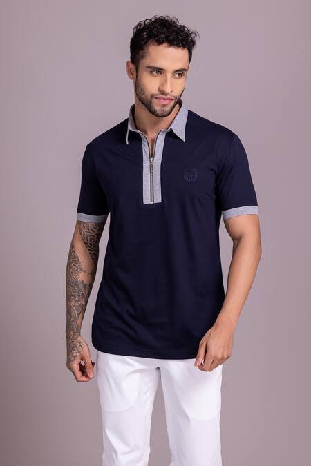 Amit Arora_Blue Cotton Embroidery Threadwork Contrast Border T-shirt _Online_at_Aza_Fashions