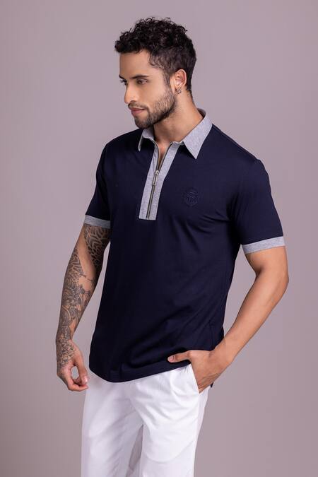 Buy_Amit Arora_Blue Cotton Embroidery Threadwork Contrast Border T-shirt _Online_at_Aza_Fashions
