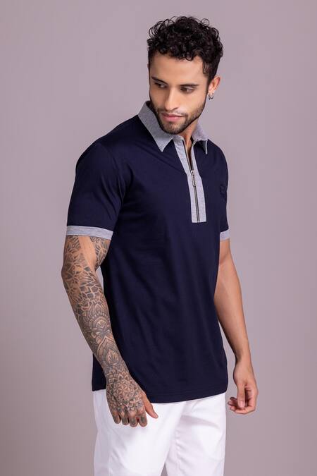 Shop_Amit Arora_Blue Cotton Embroidery Threadwork Contrast Border T-shirt _Online_at_Aza_Fashions
