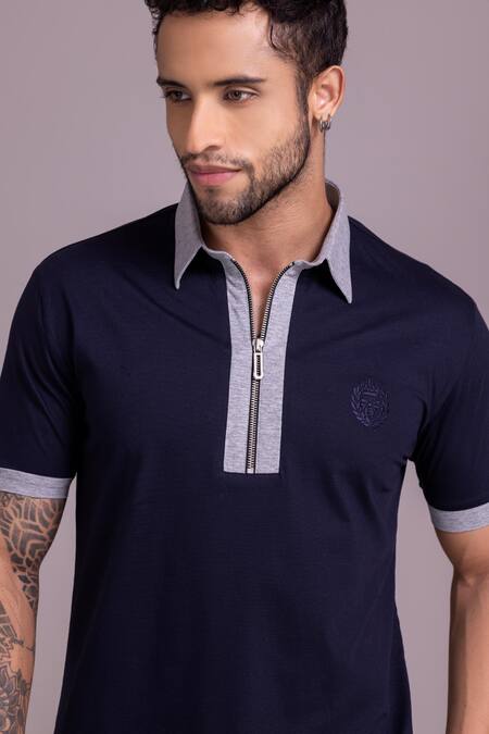 Amit Arora_Blue Cotton Embroidery Threadwork Contrast Border T-shirt _at_Aza_Fashions