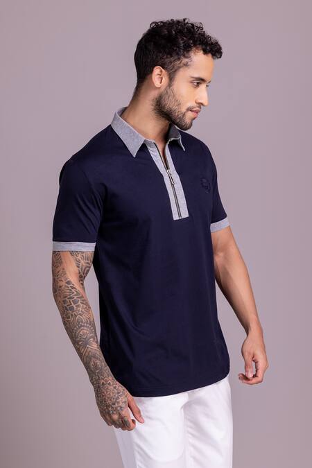 Buy_Amit Arora_Blue Cotton Embroidery Threadwork Contrast Border T-shirt 