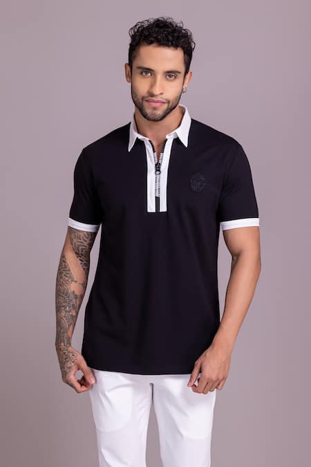 Amit Arora_Black Cotton Embroidery Contrast Border Threadwork T-shirt _Online_at_Aza_Fashions