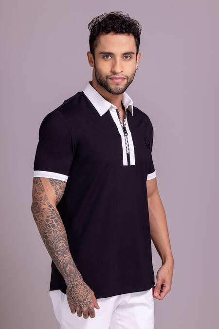 Buy_Amit Arora_Black Cotton Embroidery Contrast Border Threadwork T-shirt _Online_at_Aza_Fashions