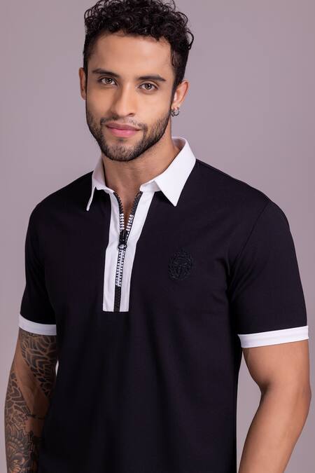Shop_Amit Arora_Black Cotton Embroidery Contrast Border Threadwork T-shirt _Online_at_Aza_Fashions